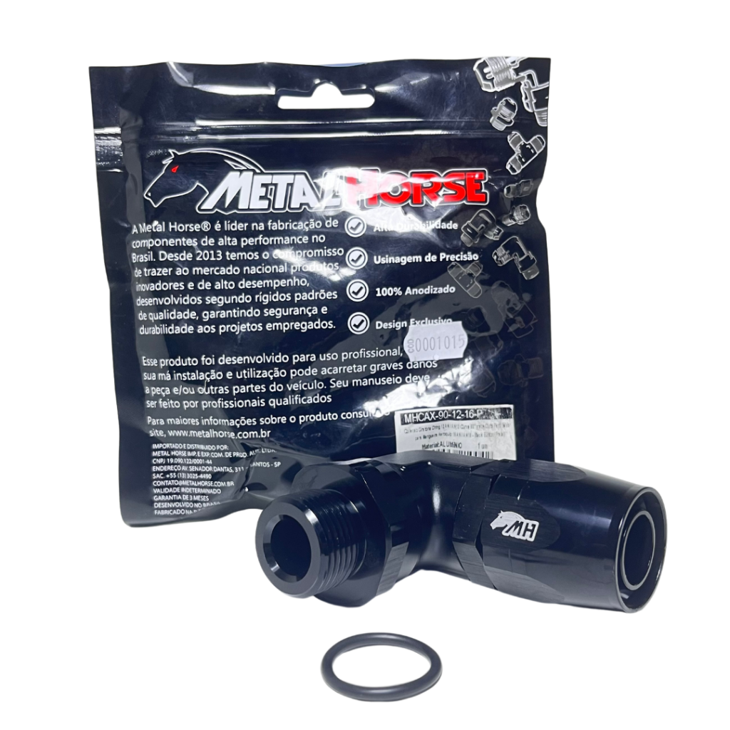 Conexão Giratória Oring 12AN X 16AN 90° Preta Metal Horse