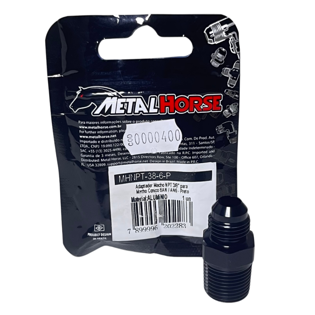 Adaptador Macho 3/8 NPT Para Macho Cônico 6AN Reto Preto Metal Horse